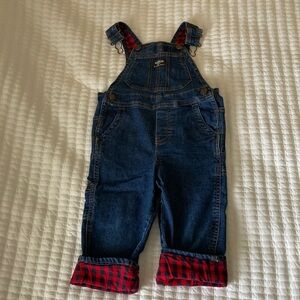 Kids Denim Overalls with Red Plaid Lining